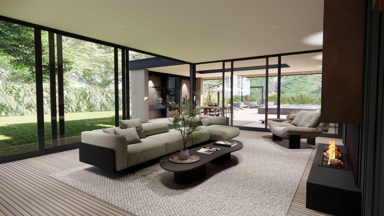 Sleek living room with floor-to-ceiling windows, modern fireplace, and grey sectional sofa.