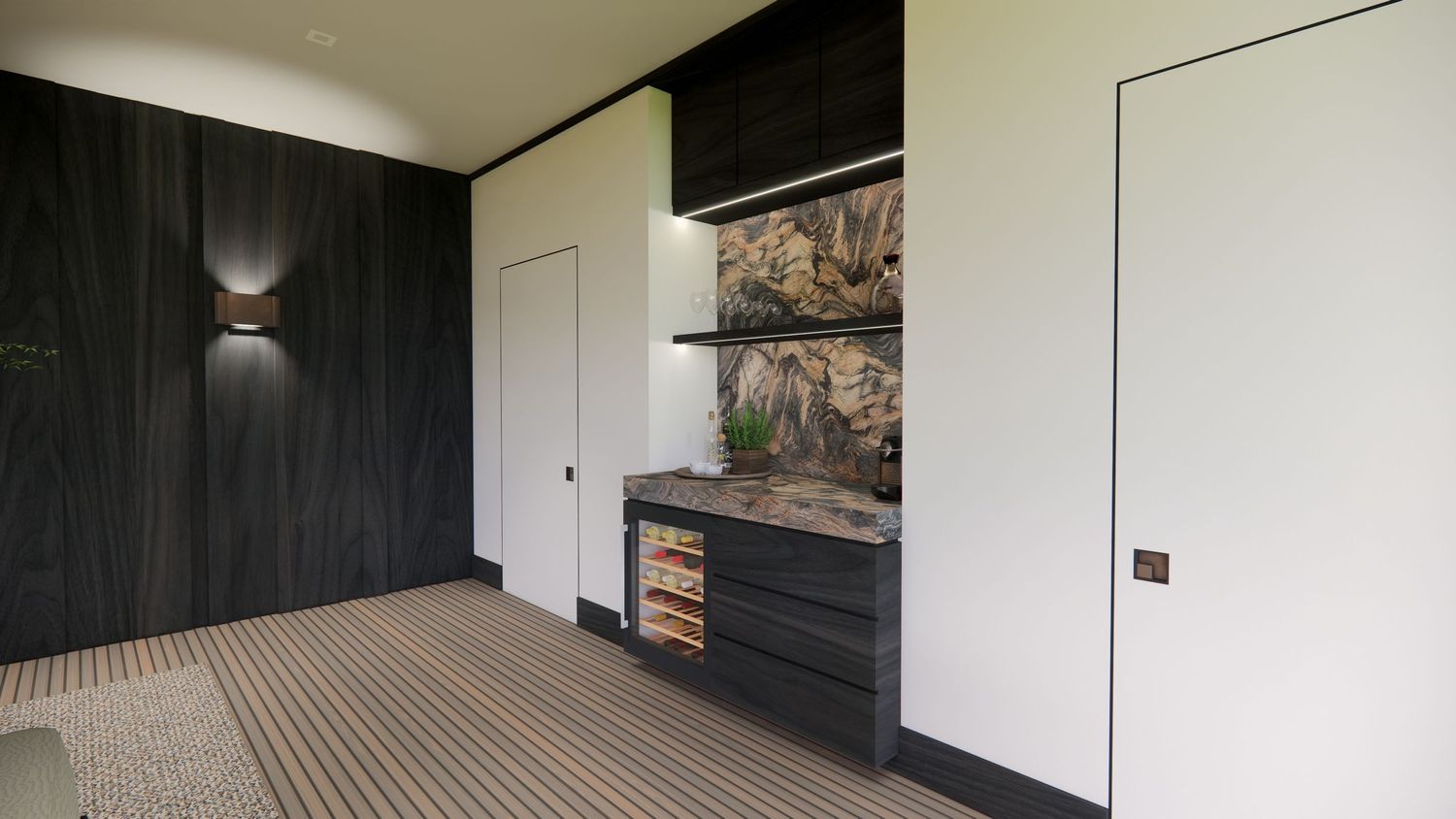 Modern bedroom with dark wood panels, built-in storage, and minimalist design elements.
