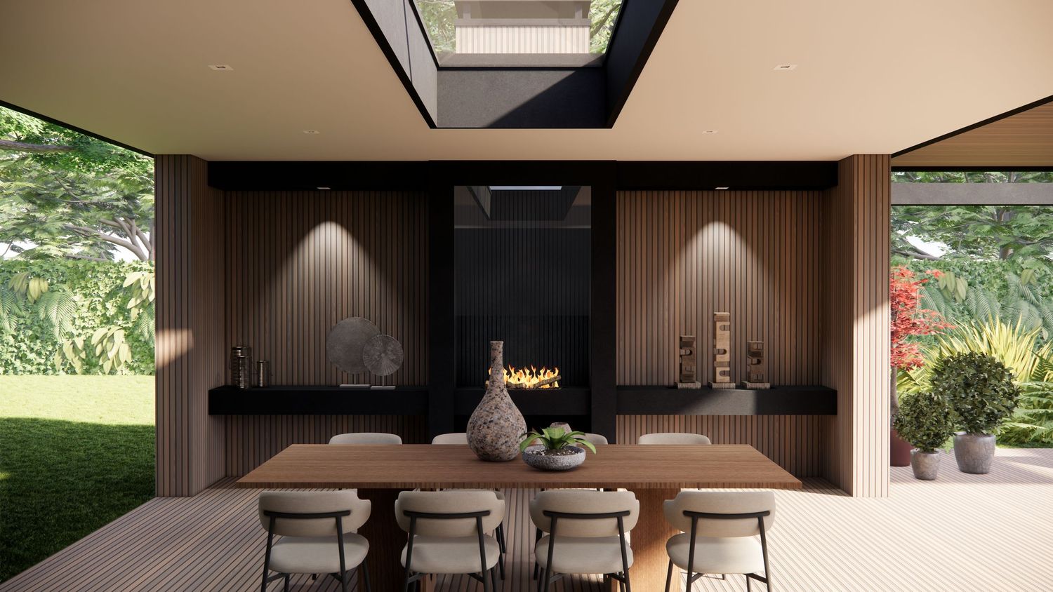 Contemporary dining area with wooden table and dark wood paneled wall featuring built-in fireplace.