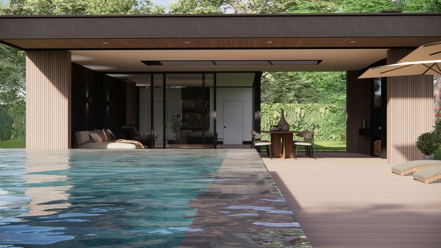 Modern luxury home exterior features sleek design with glass walls and covered patio overlooking a tranquil swimming pool.