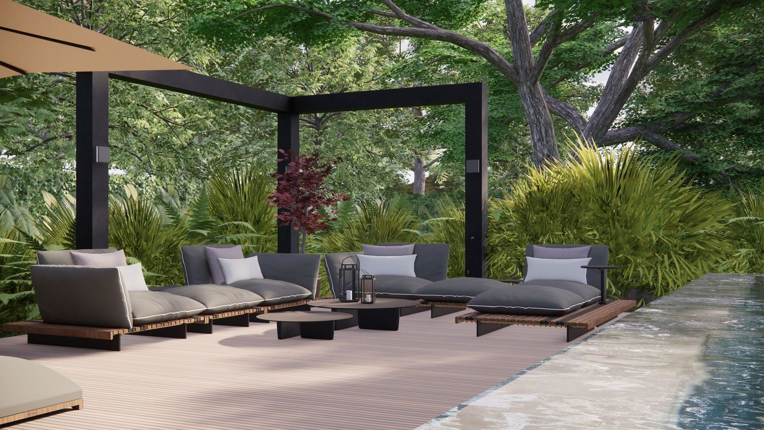 Modern outdoor patio with comfortable lounge seating and lush tropical landscaping surrounds a tranquil pool area.