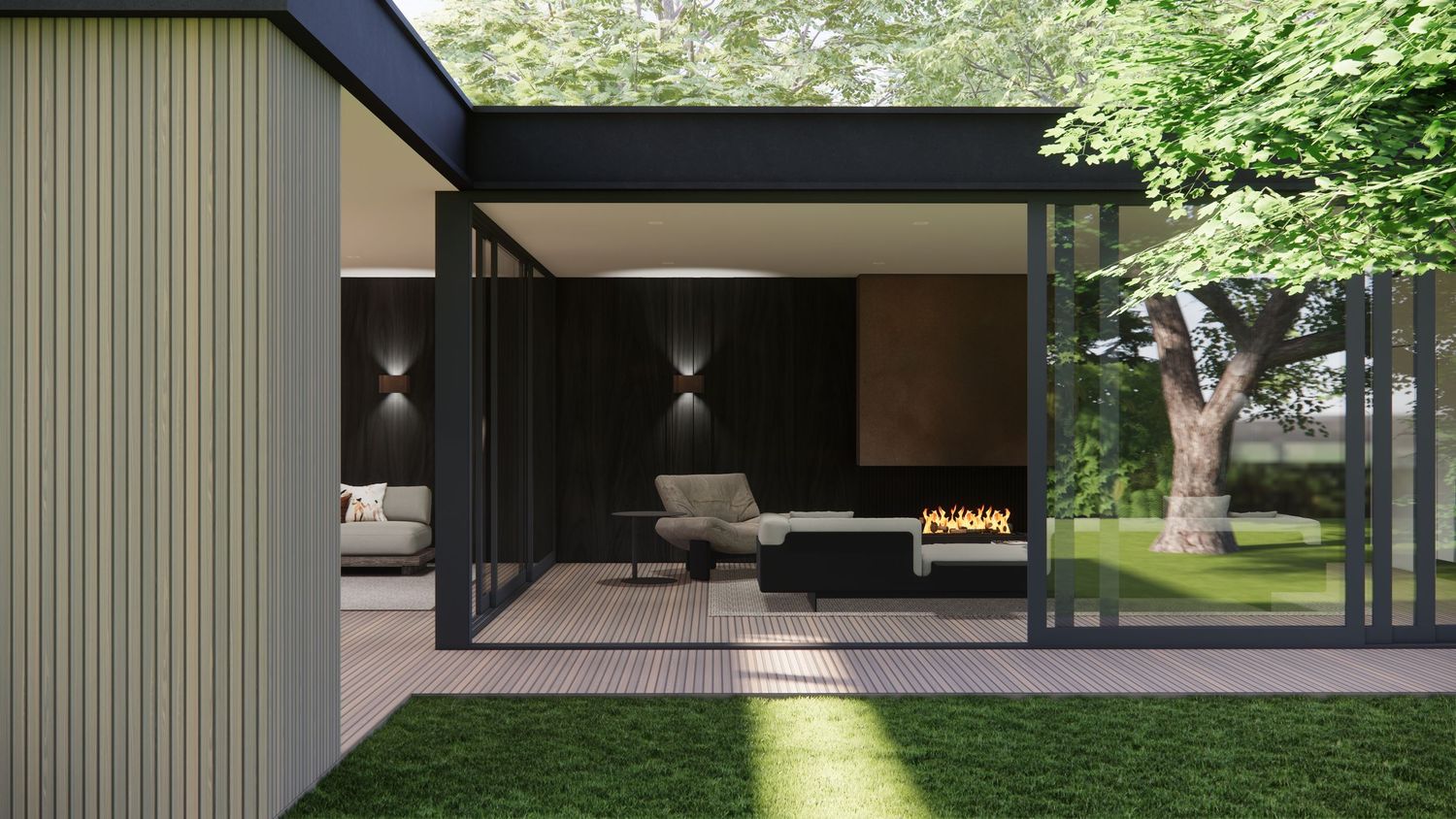 Modern minimalist house exterior with floor-to-ceiling windows surrounded by lush green landscaping and trees.
