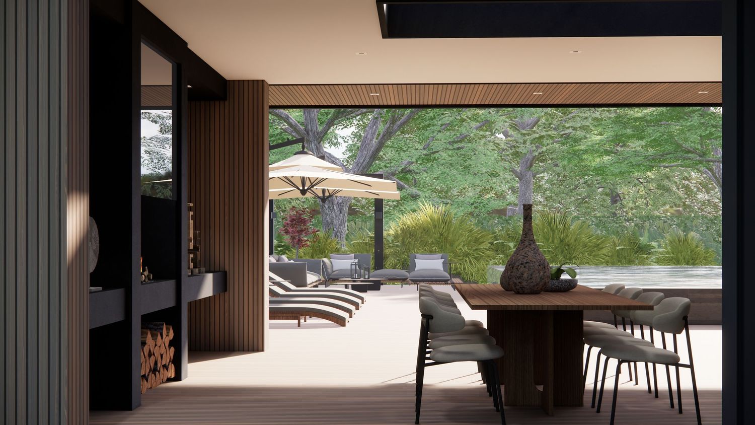 Modern home interior with panoramic windows showcasing lush forest views and contemporary furnishings.