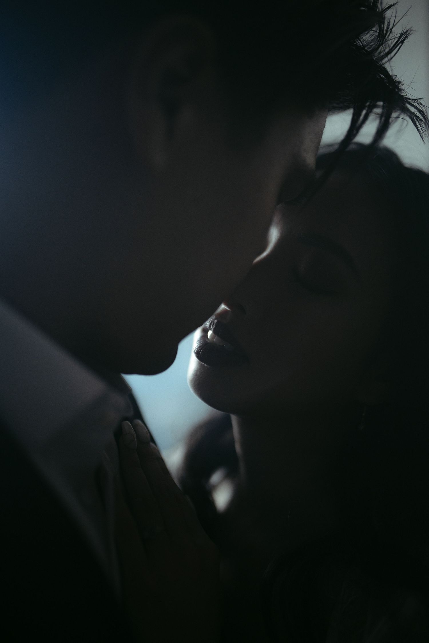 Dramatic silhouettes against backlight creating romantic atmosphere.