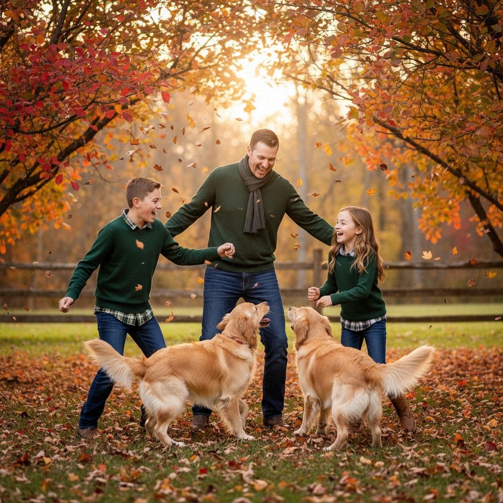 Golden retrievers play and run through vibrant autumn leaves in a park during golden hour sunset.