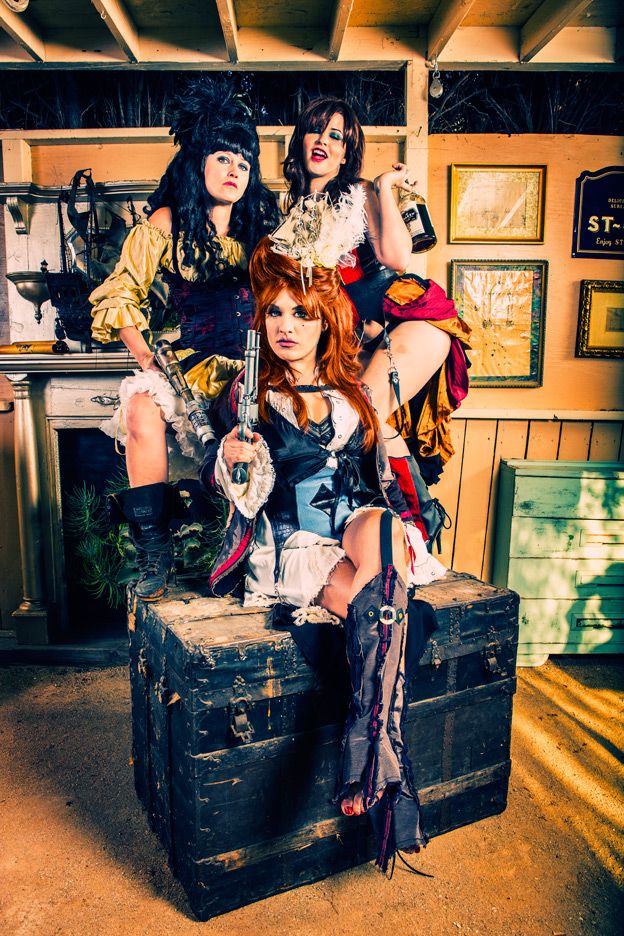 Los Angeles Brand Photography. A series of photos showing performers in steampunk and gothic costumes posing with a large wooden barrel.