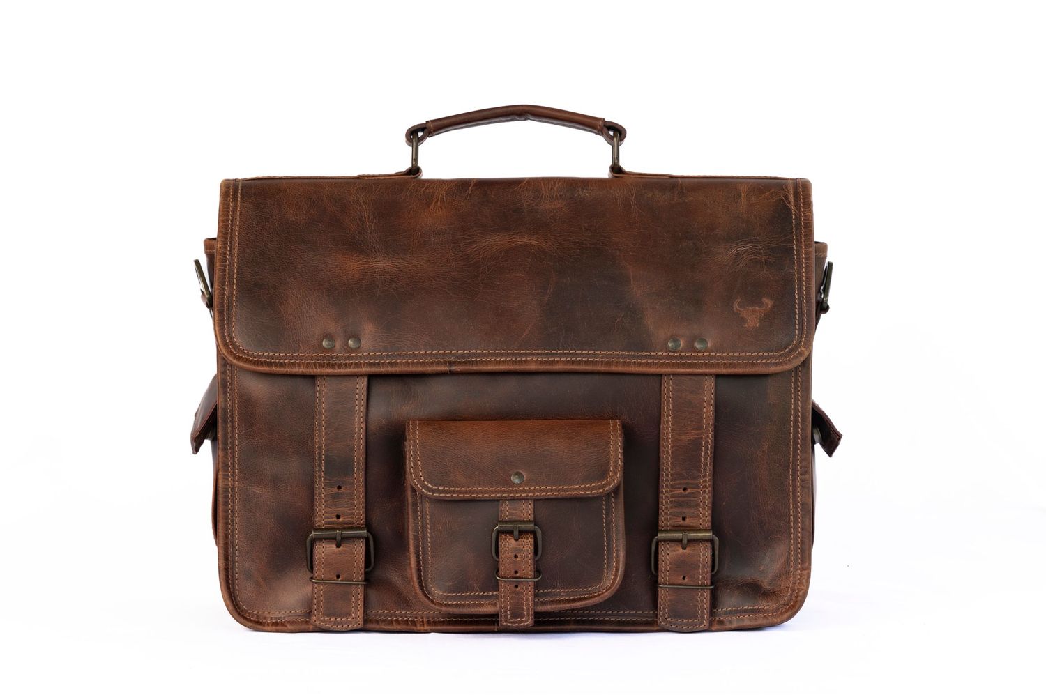 A vintage brown leather knife roll bag with multiple pockets and buckle closures shown from different angles.