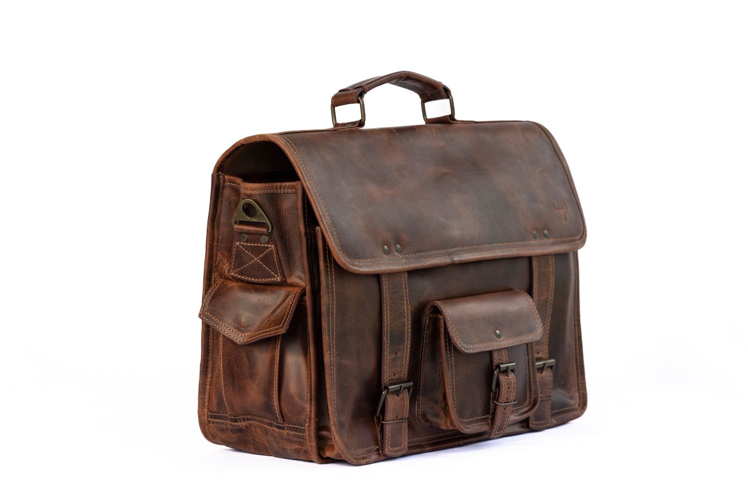 Vintage brown leather messenger bags and briefcases displayed from different angles showing distressed finish and multiple pockets.