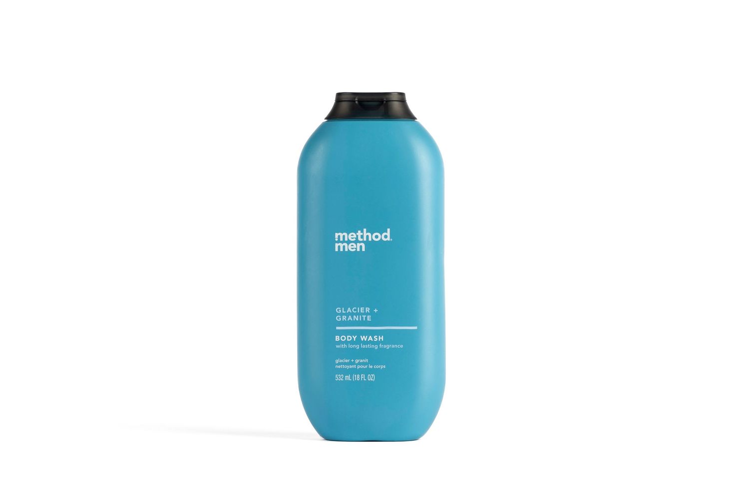 A bright turquoise Method brand body wash bottle with minimalist design against a white background.