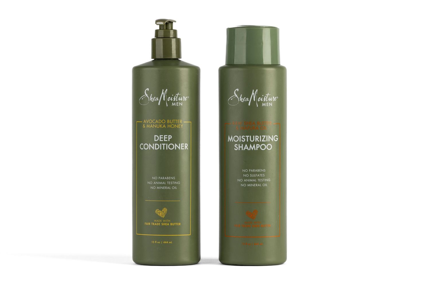 Two green plastic bottles of Shea Moisture hair care products shown from different angles against white background.