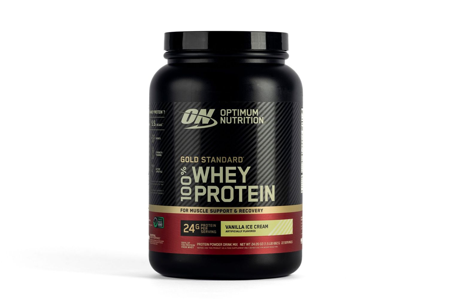Three black protein powder supplement containers with gold and red accents displayed against a white background.