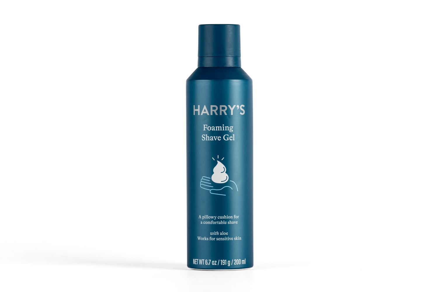Collection of blue Harry's brand personal care products arranged against white background.