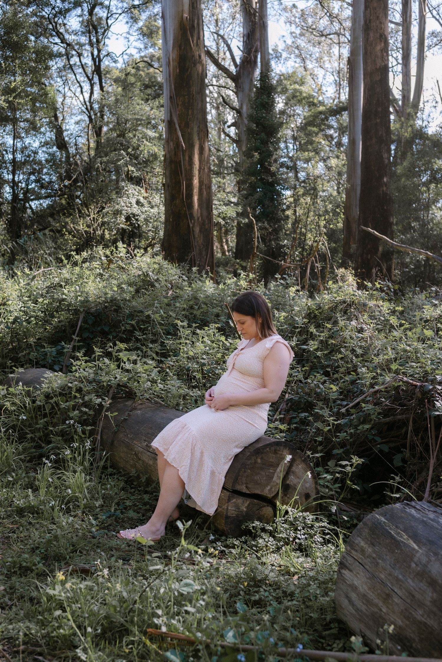 Person in pink dress sitting on large rock surrounded by tall trees and greenery.