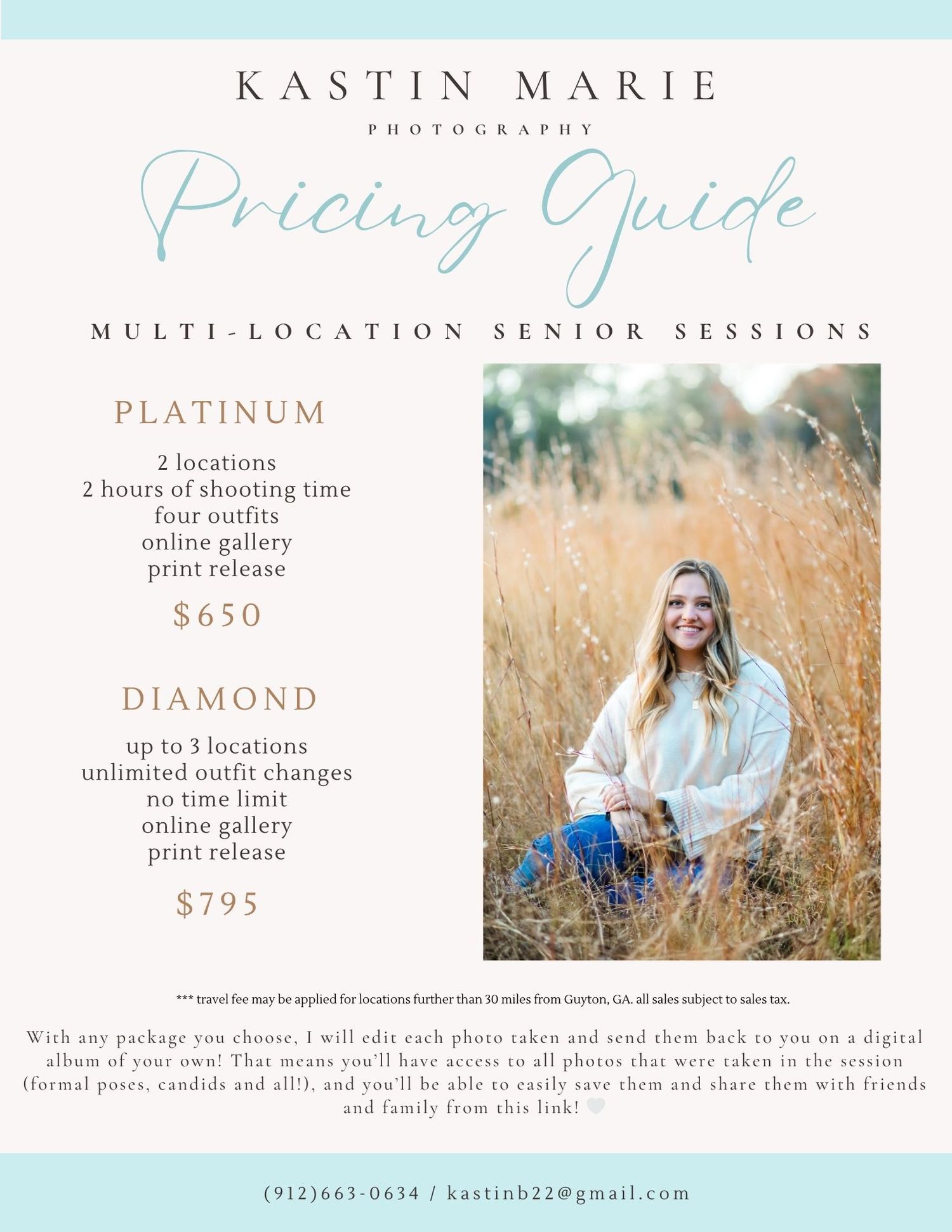 Photography pricing guide template design with soft blue and pink colors showcasing senior portrait session packages.