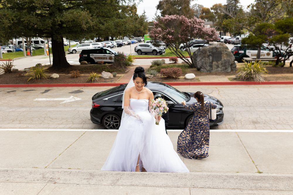 A wedding party poses for photos in a parking lot with cars and trees visible in the background.