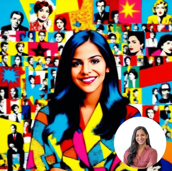 Colorful pop art style collage with retro comic book inspired portraits in bright yellow, blue and red tones.