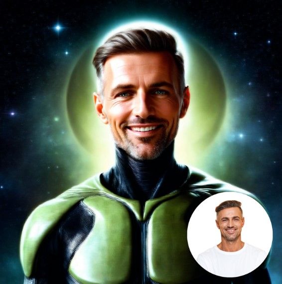 Professional portrait with glowing green cosmic background and ethereal lighting effects.