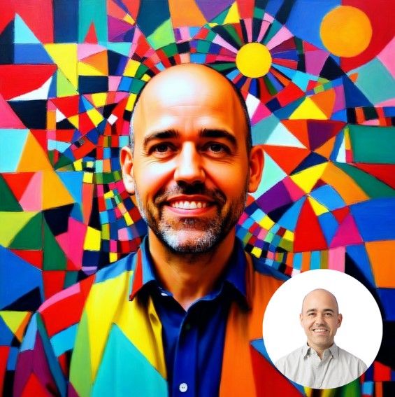 Colorful geometric mural with triangular patterns serves as vibrant backdrop against bright red and blue walls.