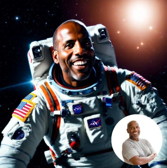 An astronaut in a NASA spacesuit smiles while floating in space with Earth and stars visible in the background.