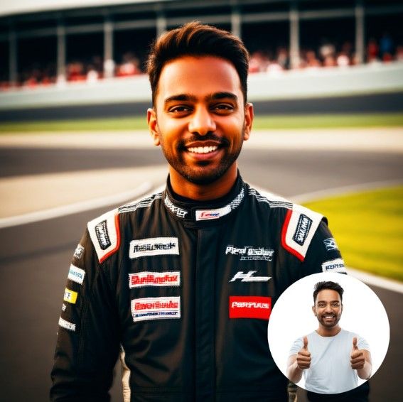 Racing driver wearing black racing suit with sponsor logos and racing gear in multiple profile shots.