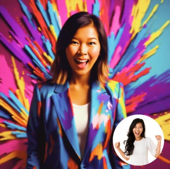 Professional portrait against vibrant splatter paint background in rainbow colors.