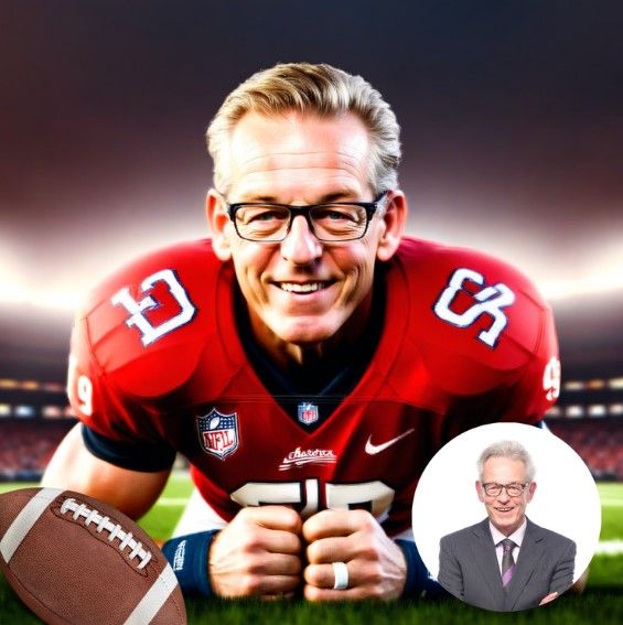 A football player in a red jersey with glasses smiles while holding a football on a field at night.