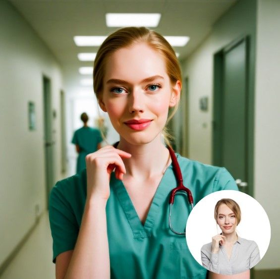Medical professional in scrubs standing in hospital hallway with fluorescent lighting.