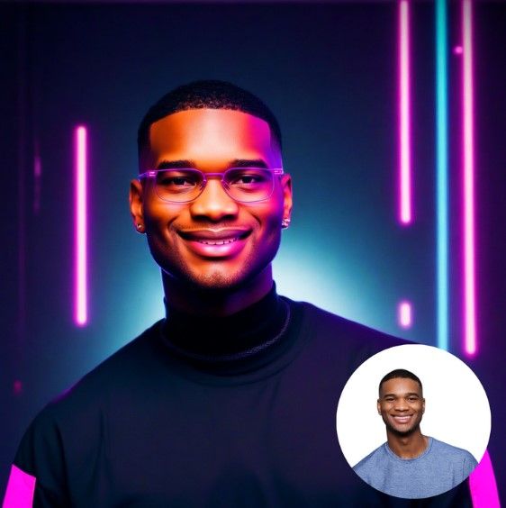 Professional portrait with neon lighting effects and glowing vertical lines in background.