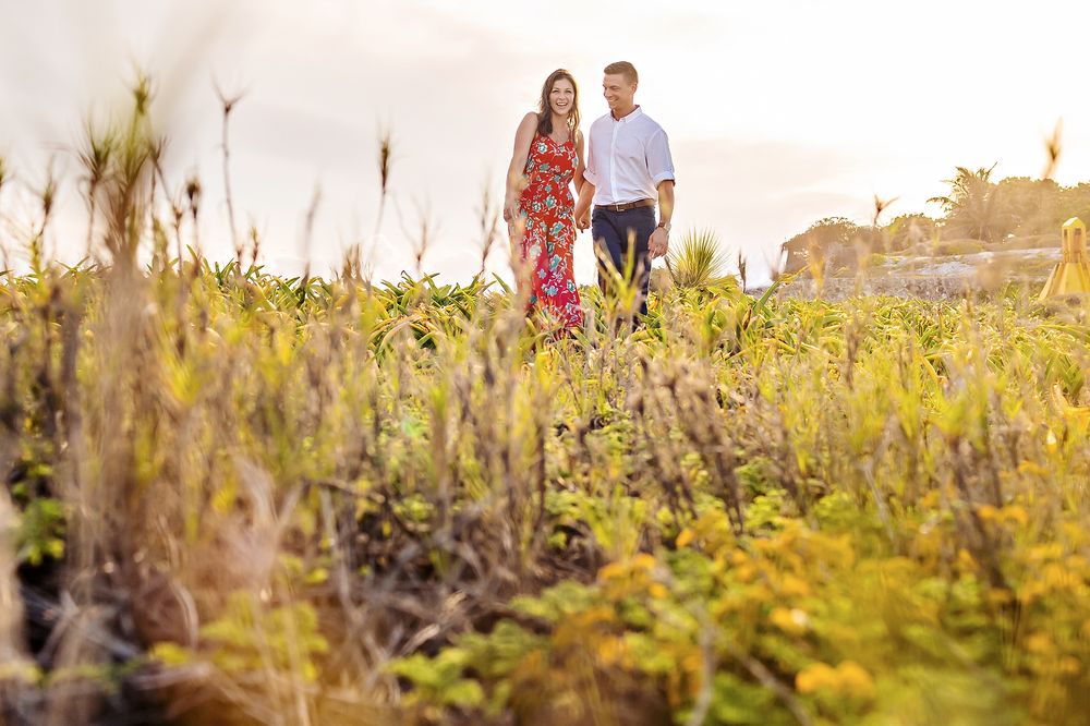 A couple holds hands while walking through tall golden grasses in a sunlit field at sunset.