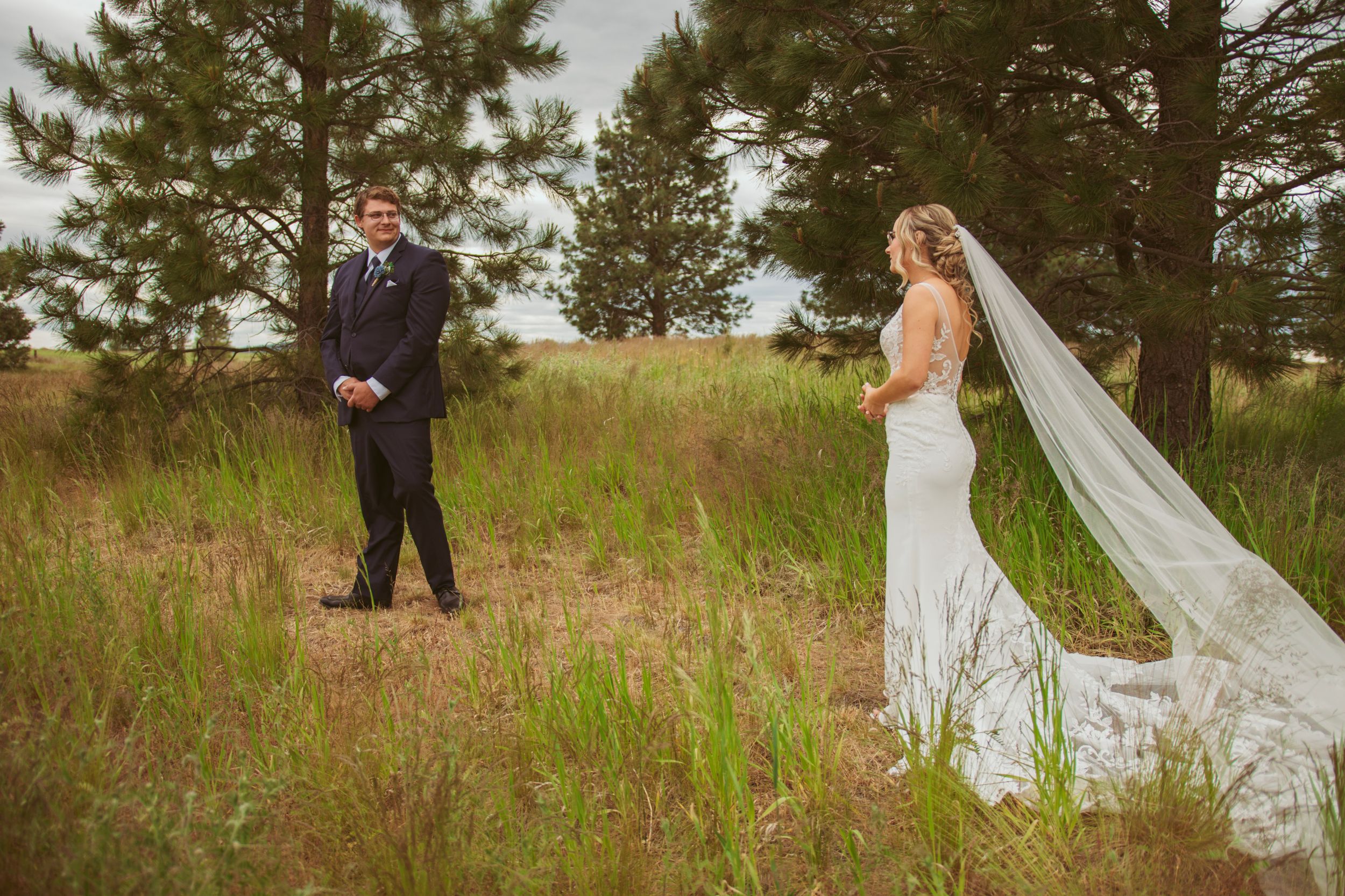 Wedding couple stands together on a hillside meadow with pine trees and cloudy sky in background.