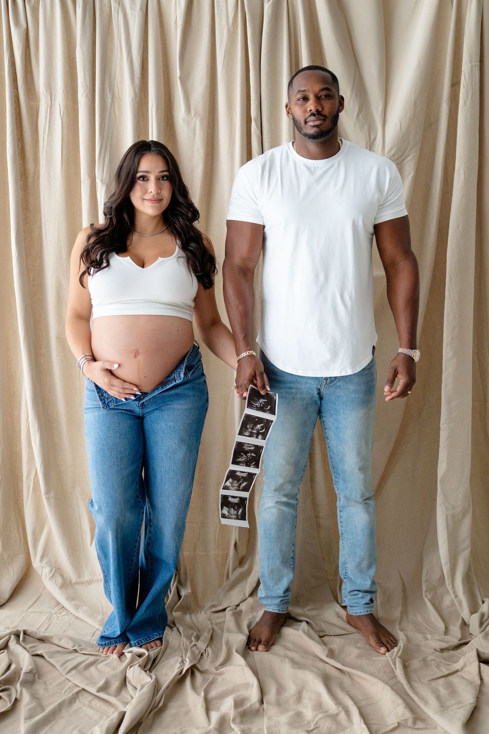 Three pregnancy announcement photos showing couple's feet with ultrasound images positioned between them on beige backdrop.