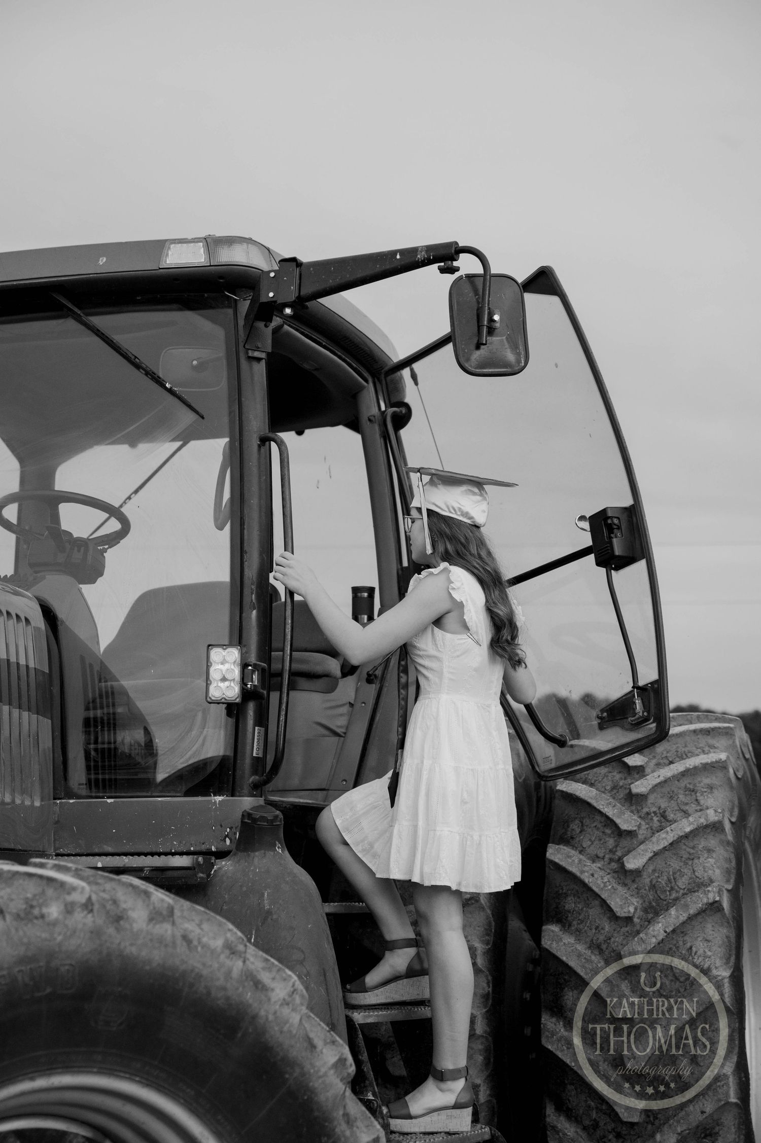 Black and white photo series showing different angles of someone boarding and entering a large farm tractor cab.