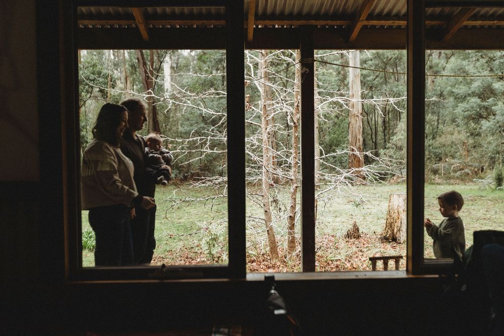 Silhouettes of a family with children standing by large windows overlooking a lush green forest in a cozy cabin.