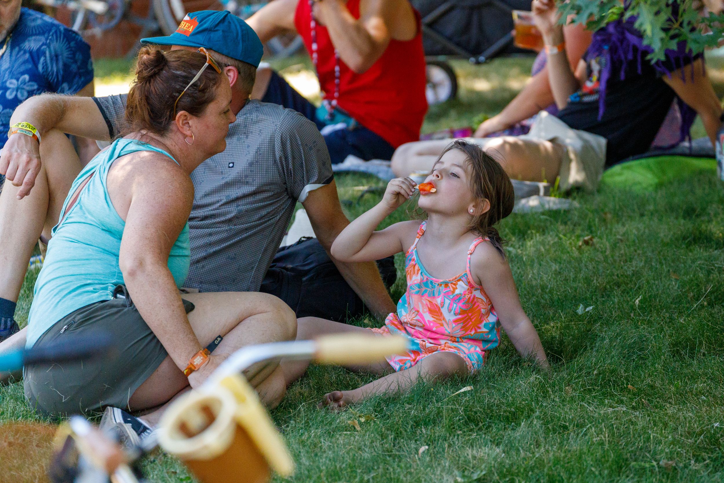 Festival attendees relax and lounge on a grassy lawn during a sunny outdoor event.