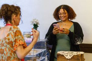 A collection of six photos showing friends gathering and celebrating with drinks and food at a social event.