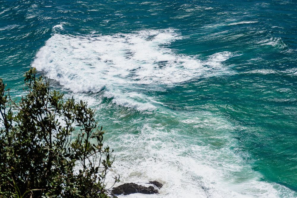 Aerial view of turquoise ocean waves crashing against rocky coastline with green foliage in foreground.