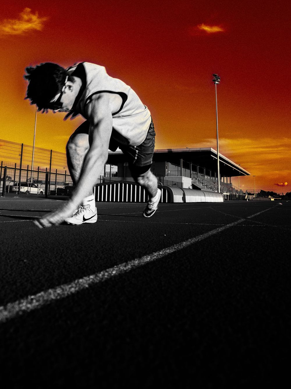 A sequence of skateboarding action shots at sunset showing a skater ollieing over a metal ledge against an orange sky.
