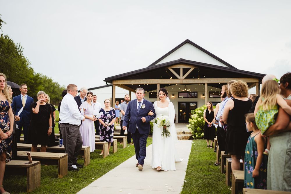 A montage of outdoor wedding ceremony moments at a rustic venue with white gazebo and gathering of guests.