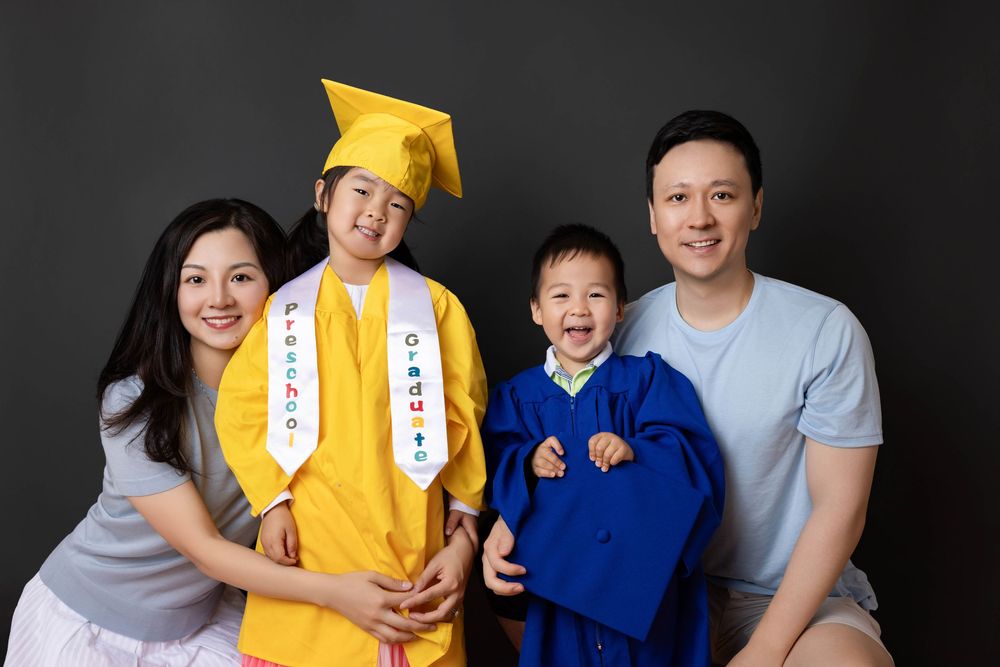 A textured collage of graduation photos showing family members in traditional yellow and blue academic regalia.