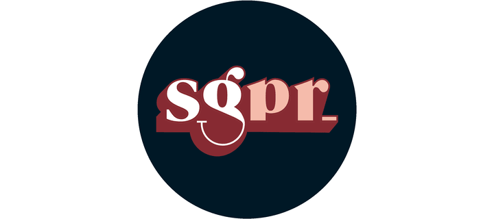 A circular logo design featuring the text 'sgpr' in a retro pink and dark colored stylized font against a black background.