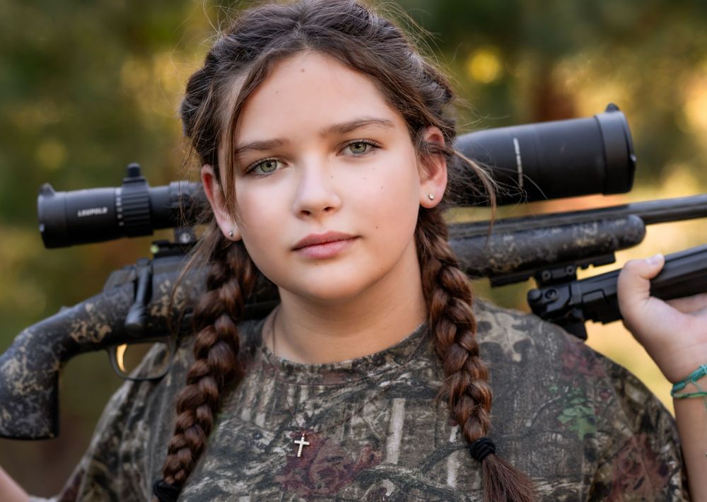 Person wearing camouflage hunting gear poses with a rifle scope in an outdoor setting during golden hour.