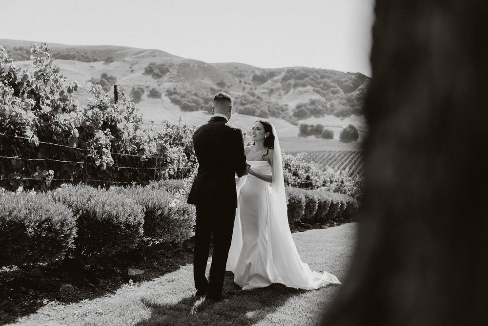 Newlywed couple overlooks scenic mountain valley on their wedding day in black and white photography.