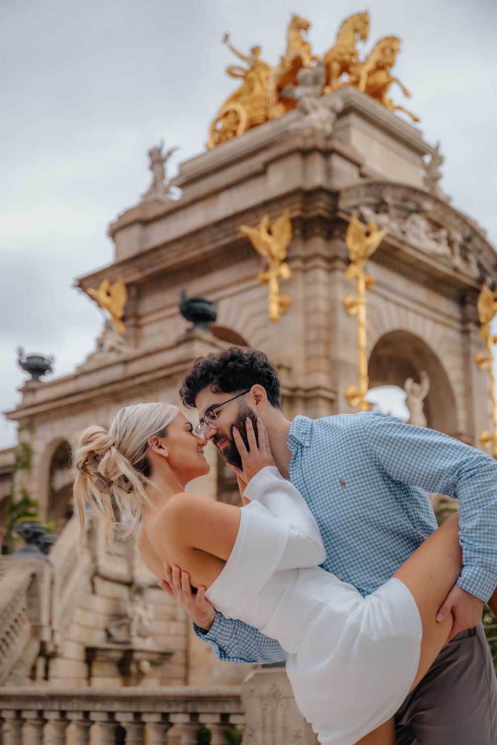 Fairy tale vibe engagement session with cloudy sky Barcelona.