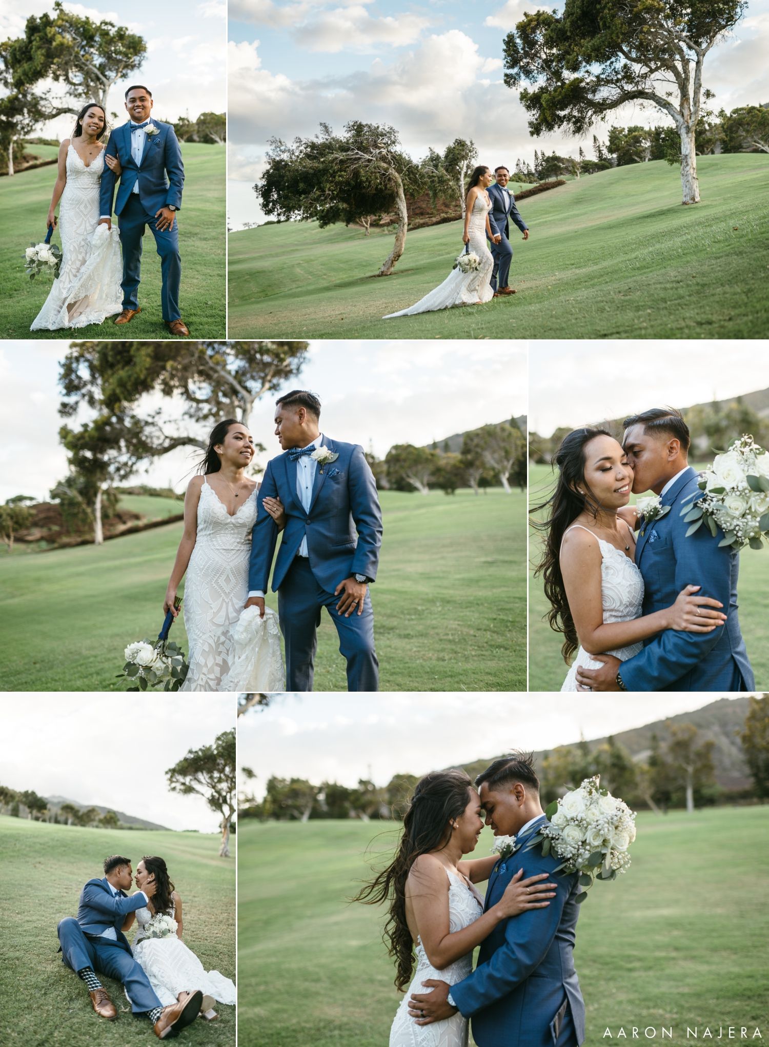 Romantic wedding couple portraits on rolling green golf course.