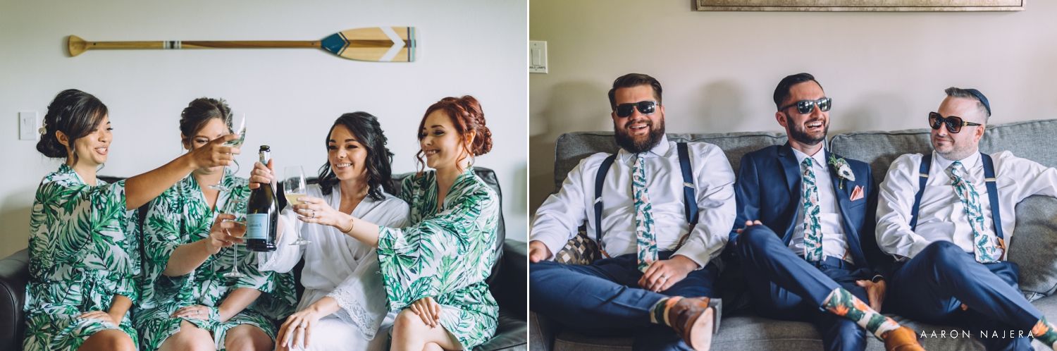Wedding party split photo showing bridesmaids in floral robes and groomsmen in formal attire sitting together.