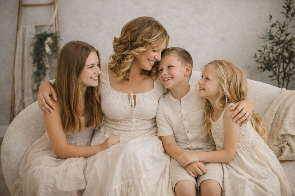 Family group wearing light colored clothing embracing and smiling together in studio setting.