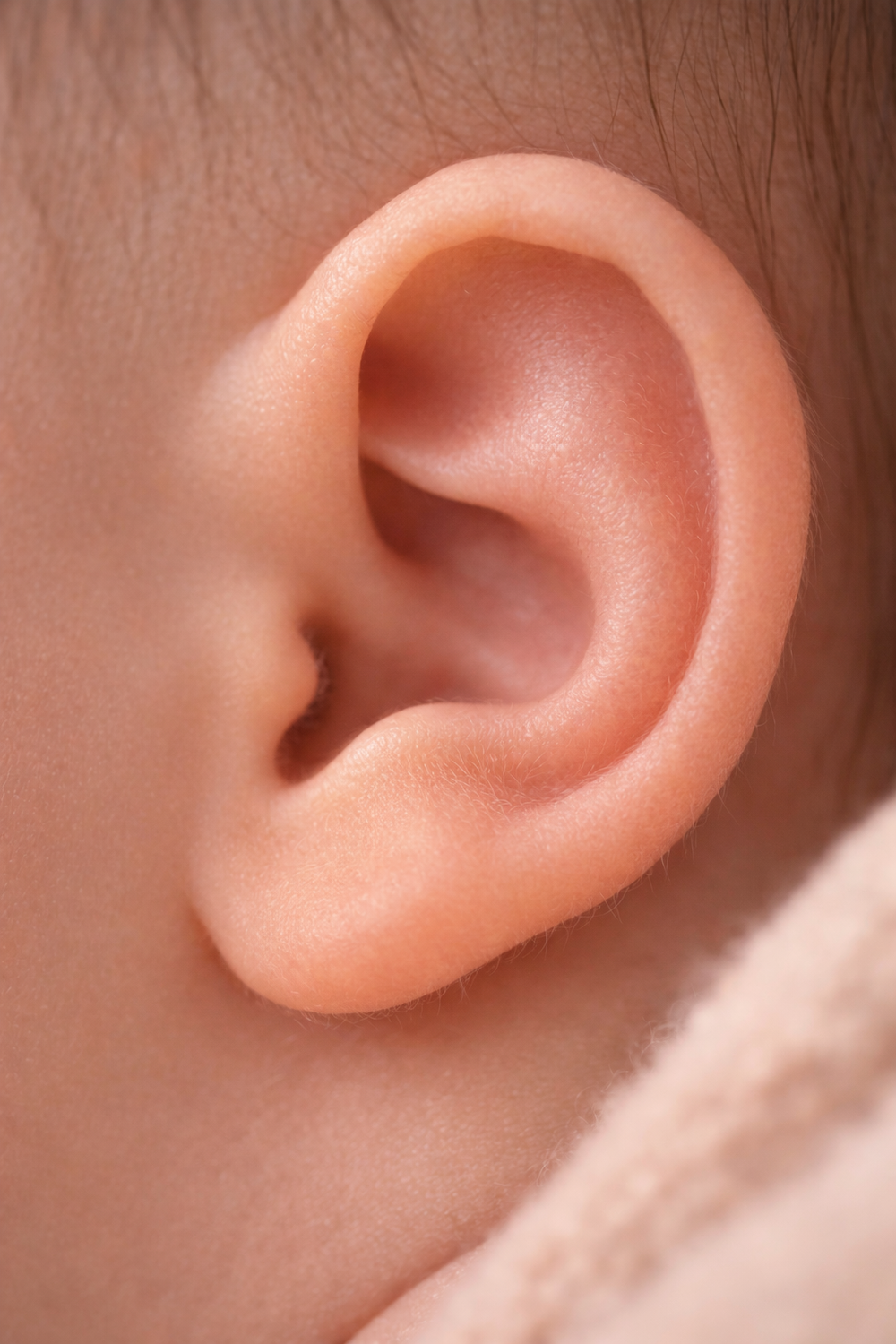 Close-up macro shot of a baby's ear showing delicate skin details.
