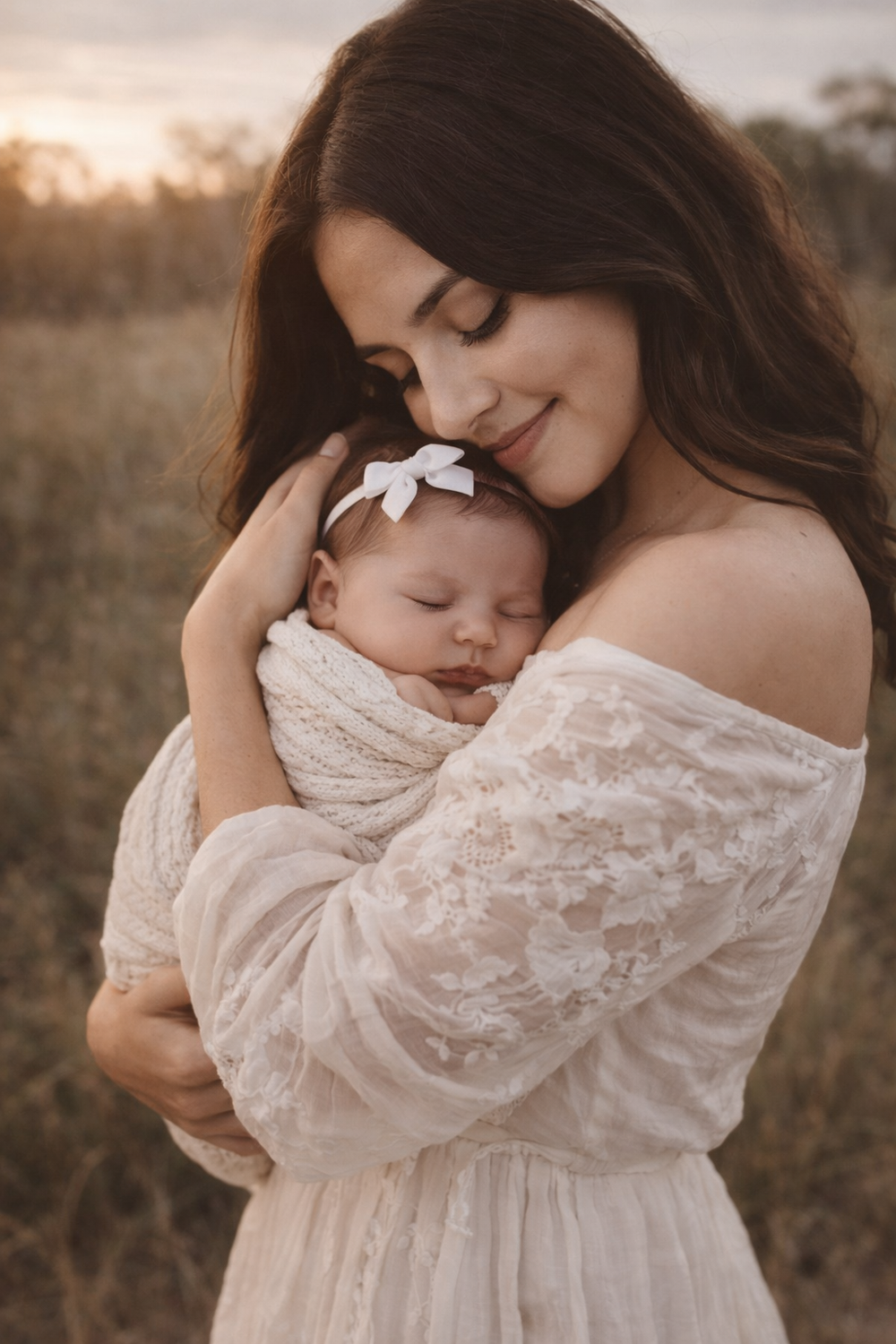 Tender moment captured in warm tones as baby sleeps against lace dress.