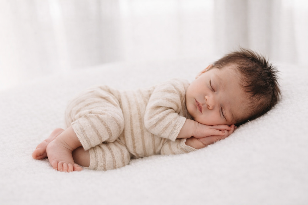 Sleeping baby in cream colored outfit lying peacefully on white bedding.