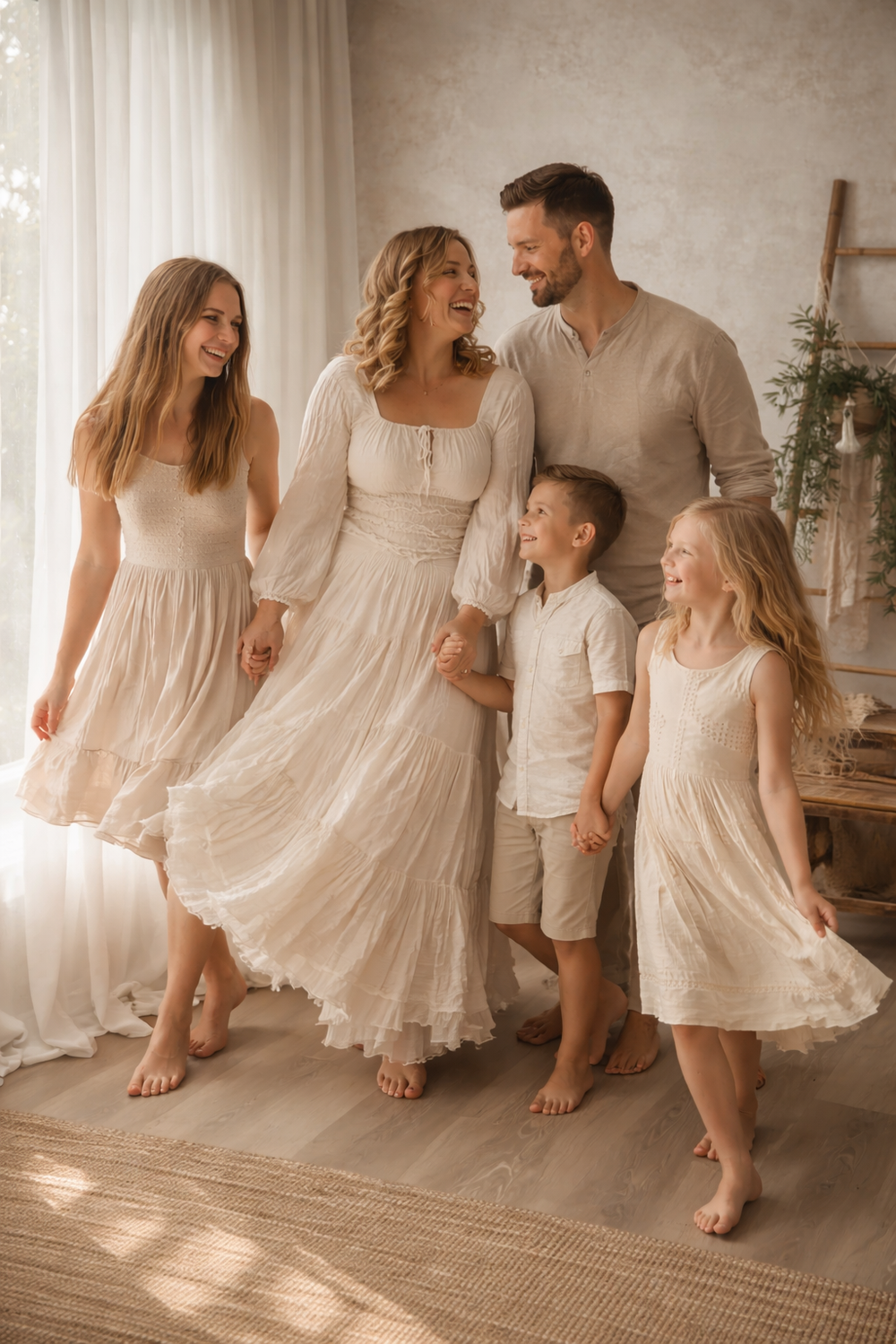 Family in flowing cream dresses and light clothing dancing together on wooden floor.